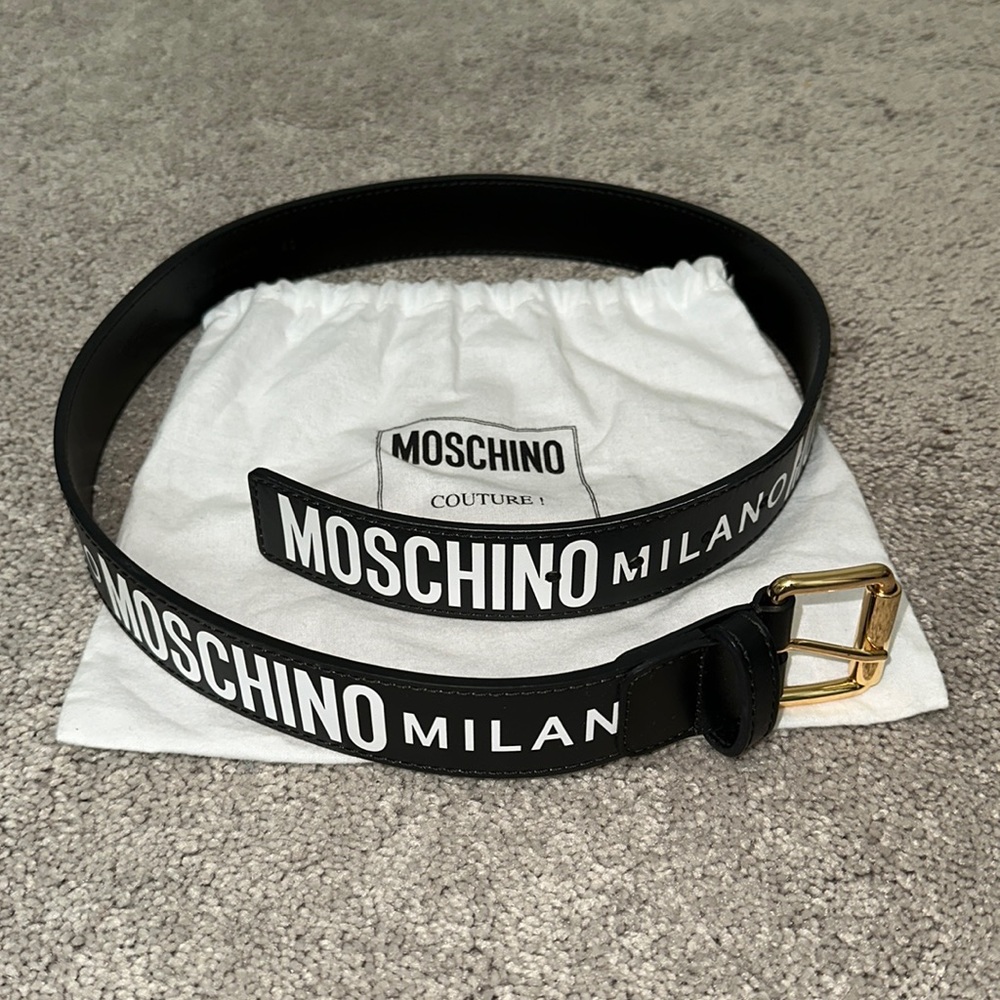 Moschino Black Belt with White Logo and Gold Buckle